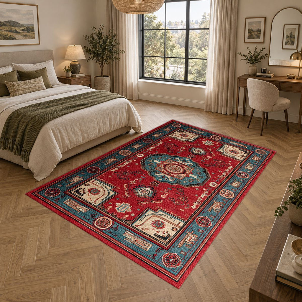Red Traditional Tribal Medallion printed area rug