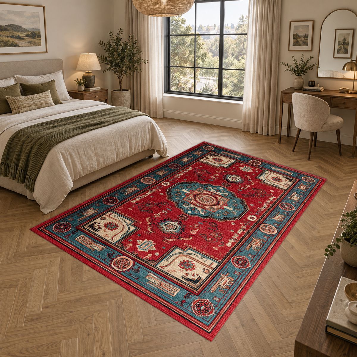 Red Traditional Tribal Medallion printed area rug