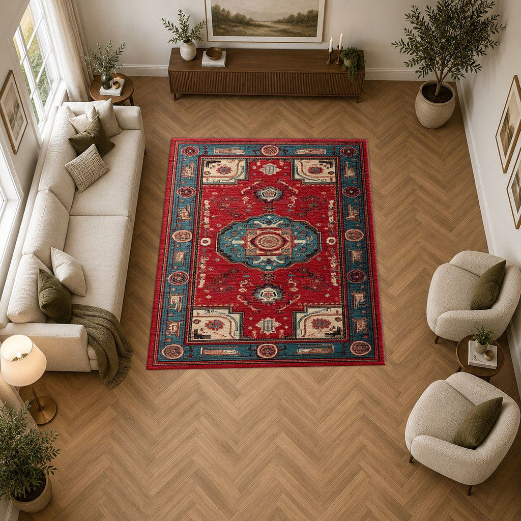 Red Traditional Tribal Medallion printed area rug