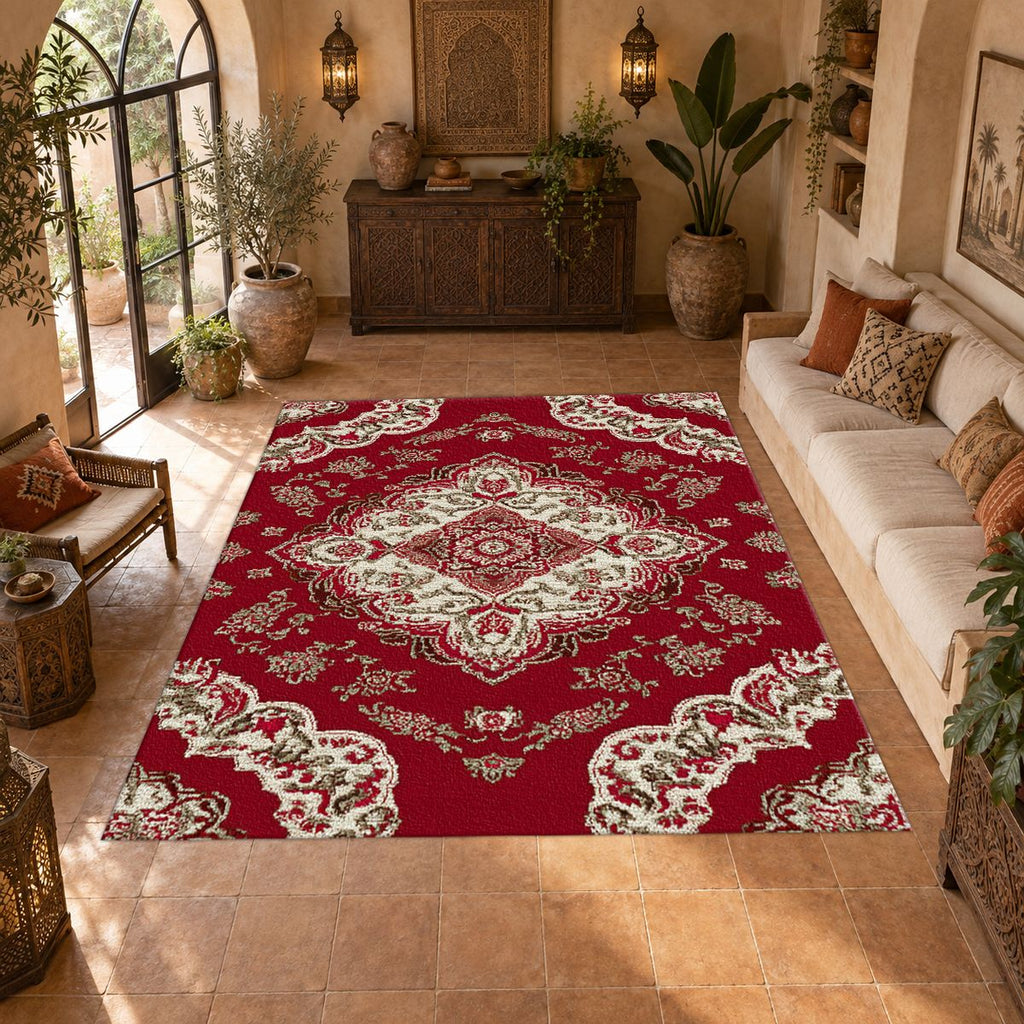 Crimson and Ivory Floral Persian printed area rug