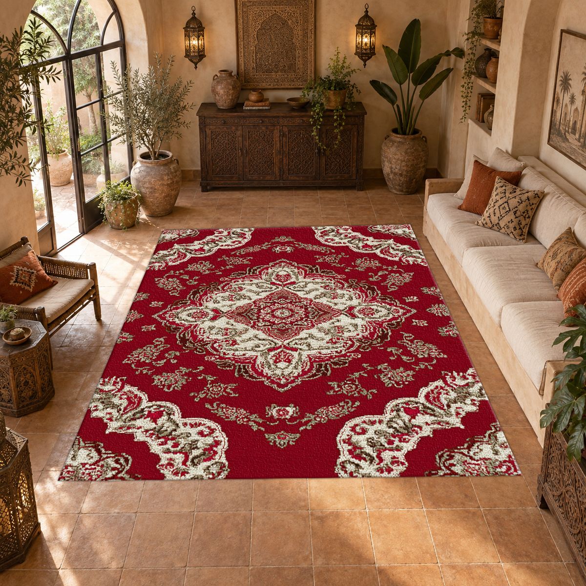 Crimson and Ivory Floral Persian printed area rug