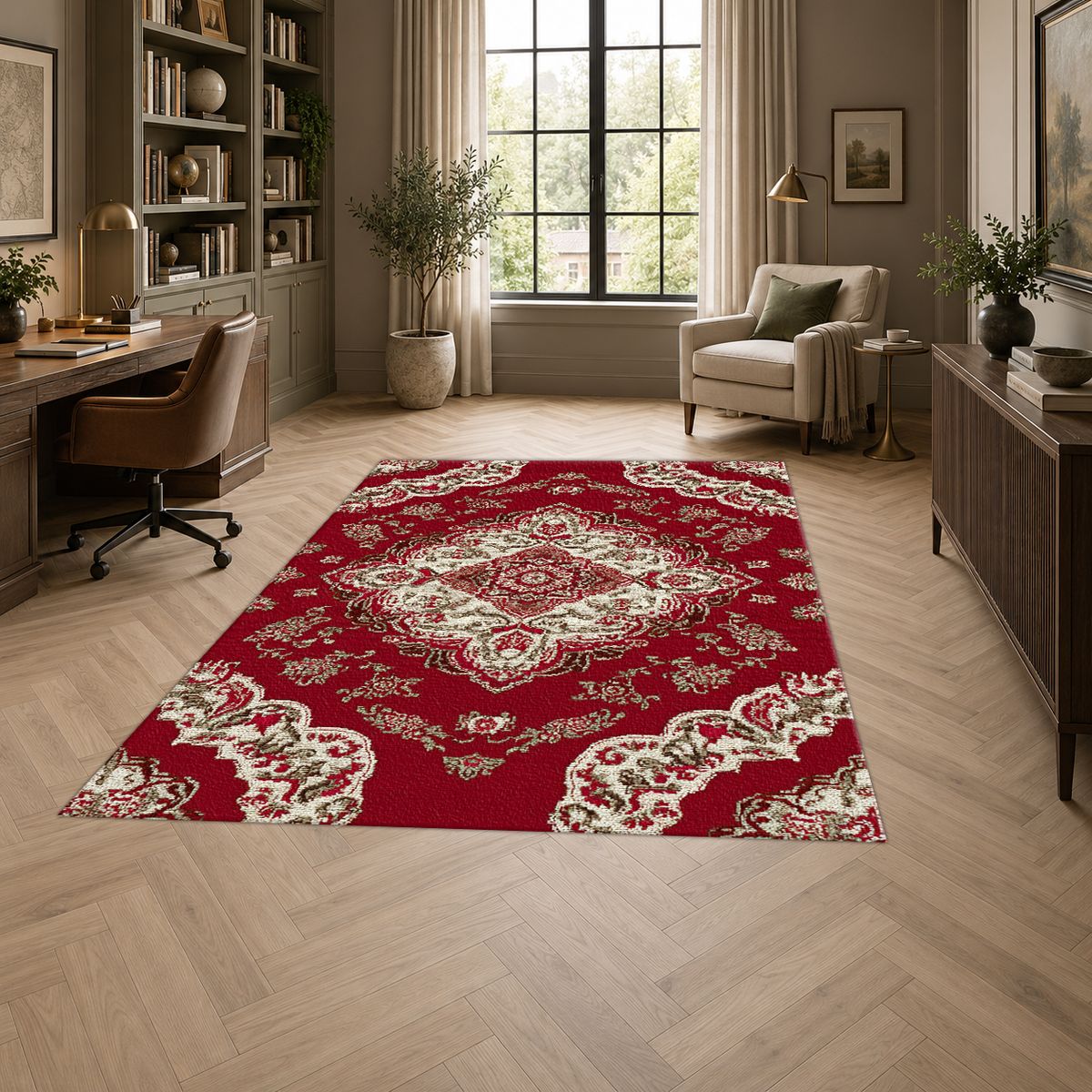 Crimson and Ivory Floral Persian printed area rug