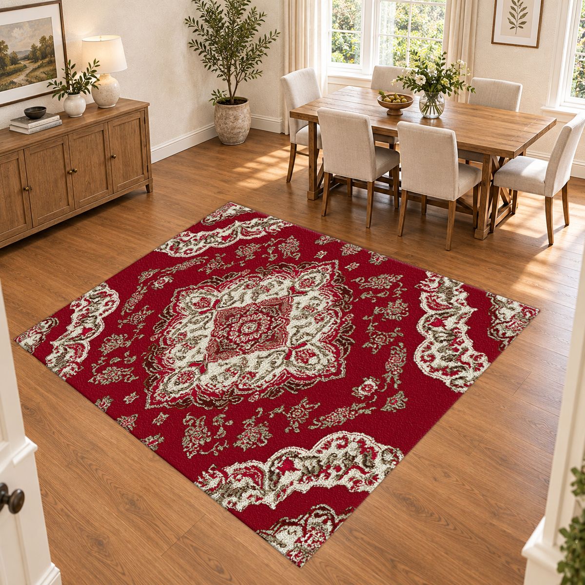 Crimson and Ivory Floral Persian printed area rug