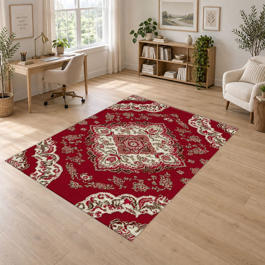 Crimson and Ivory Floral Persian printed area rug