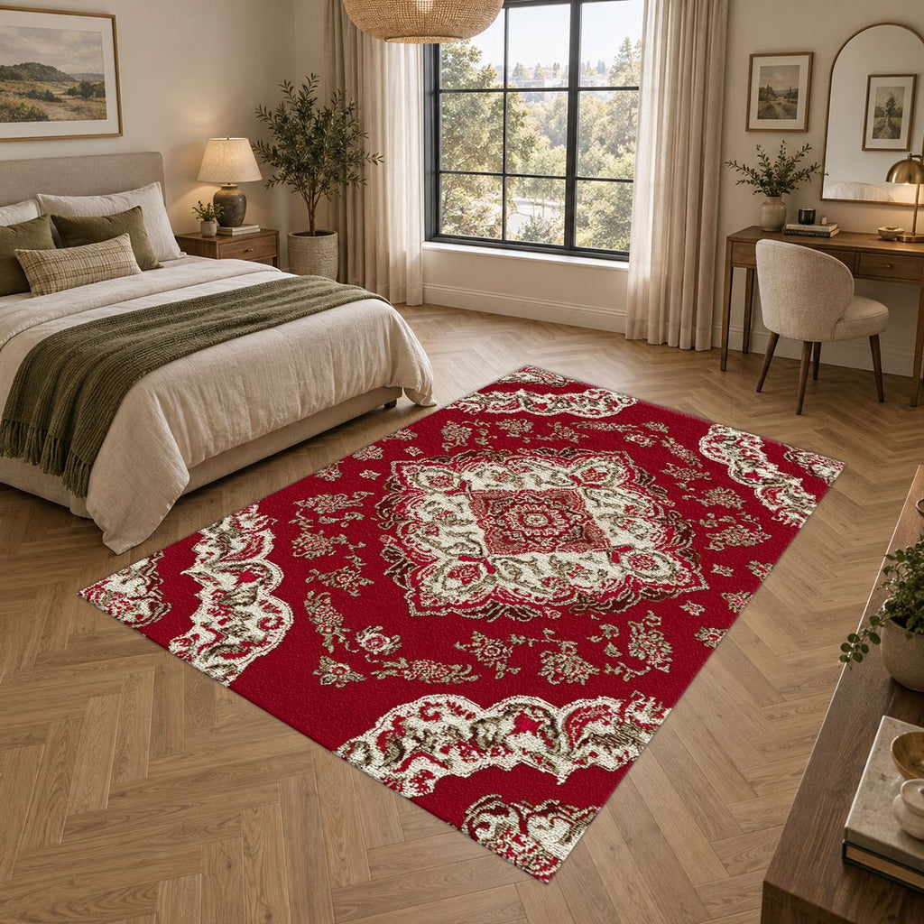 Crimson and Ivory Floral Persian printed area rug