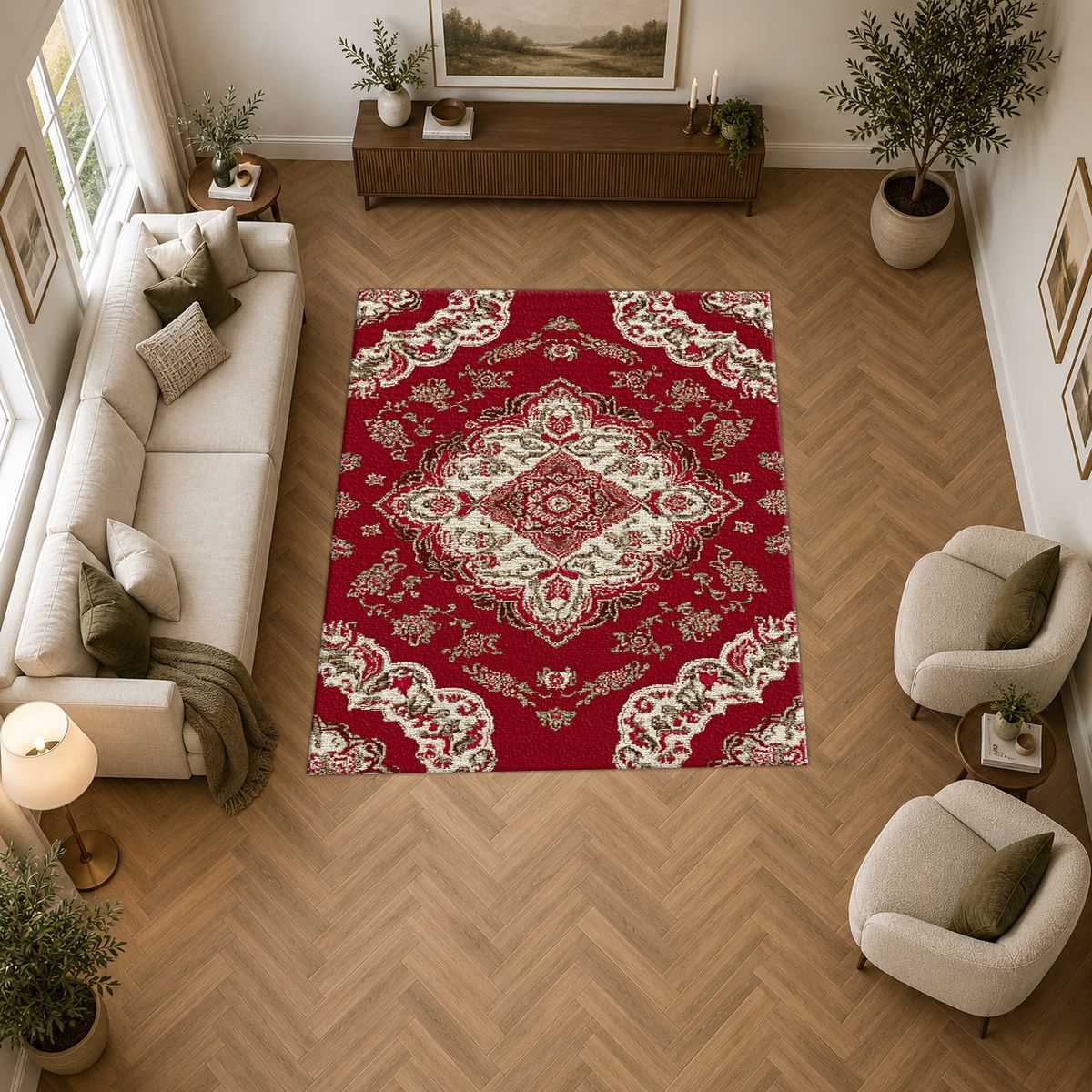 Crimson and Ivory Floral Persian printed area rug