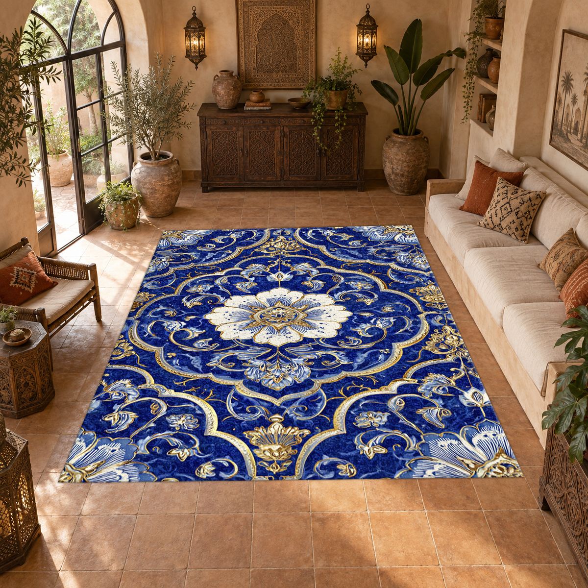 Cobalt Blue and Gold Floral Medallion printed area rug