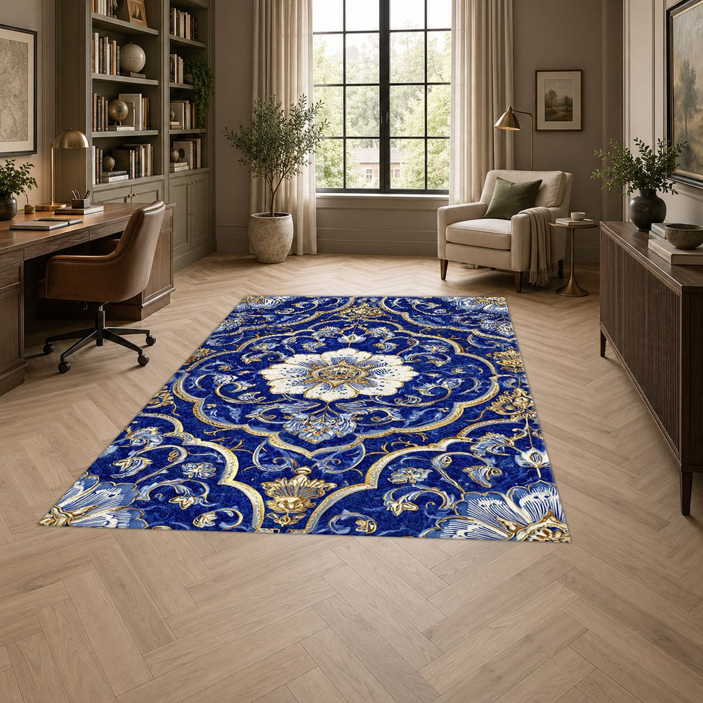 Cobalt Blue and Gold Floral Medallion printed area rug