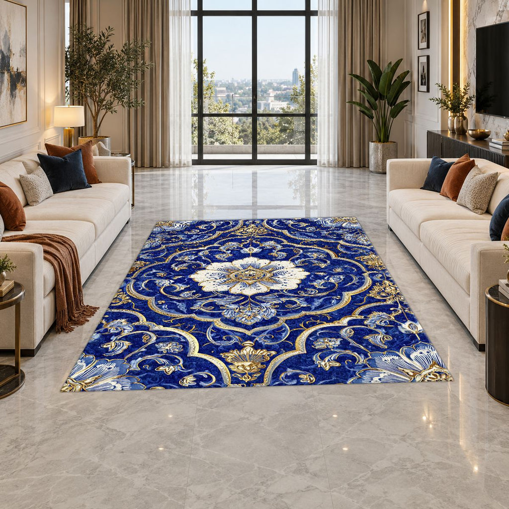 Cobalt Blue and Gold Floral Medallion printed area rug