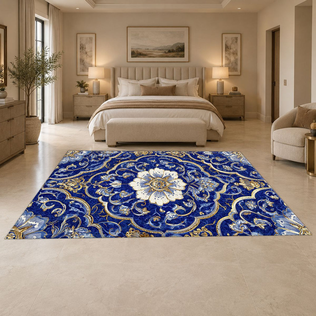 Cobalt Blue and Gold Floral Medallion printed area rug