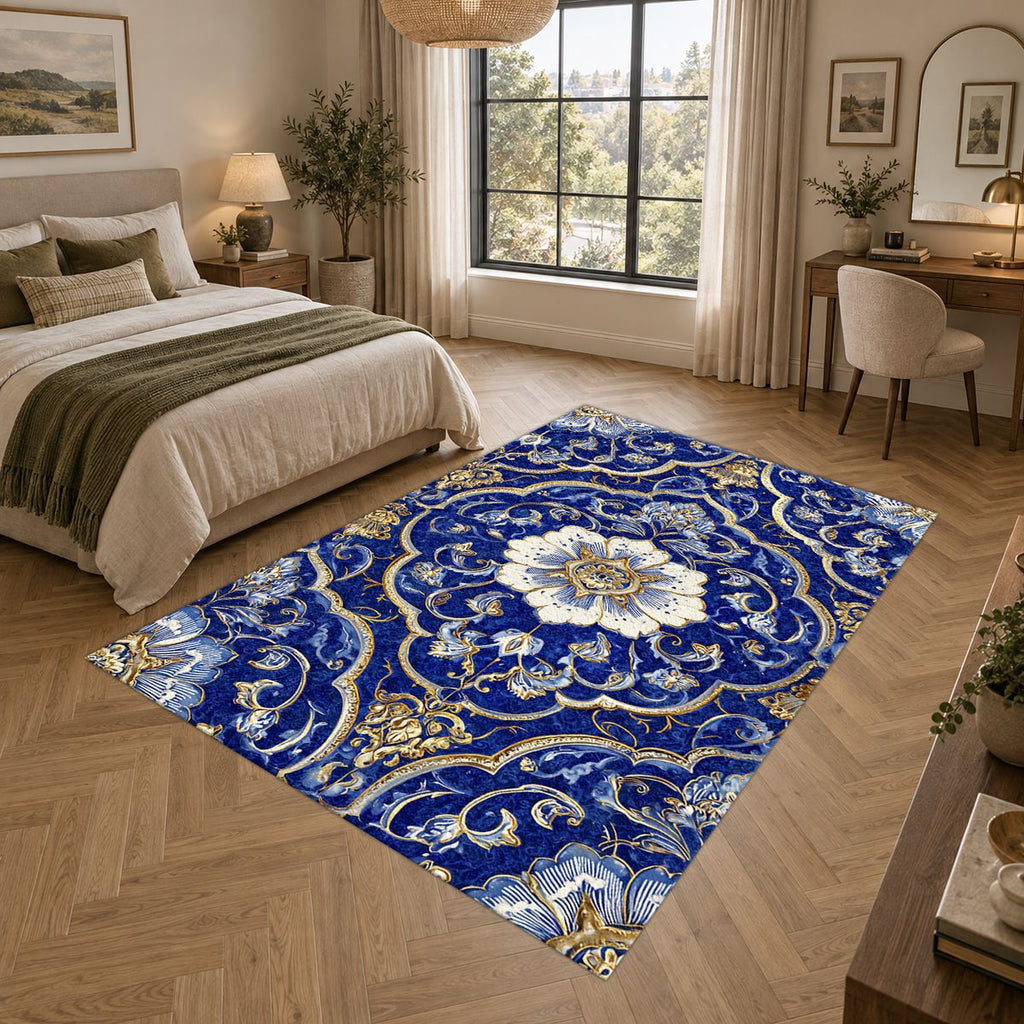 Cobalt Blue and Gold Floral Medallion printed area rug