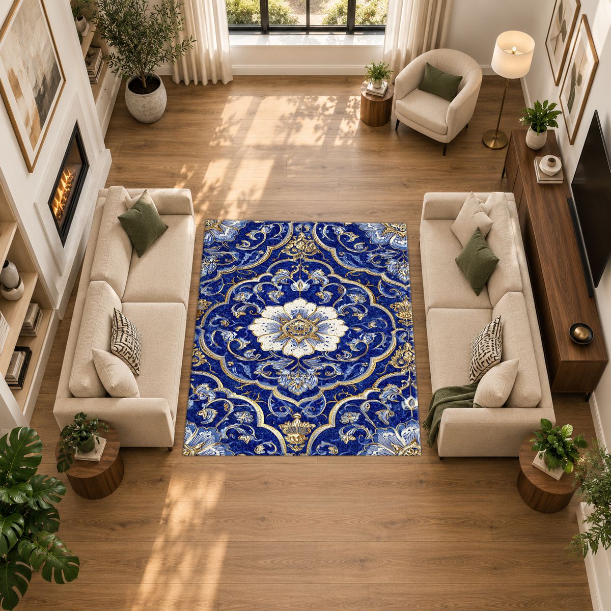 Cobalt Blue and Gold Floral Medallion printed area rug