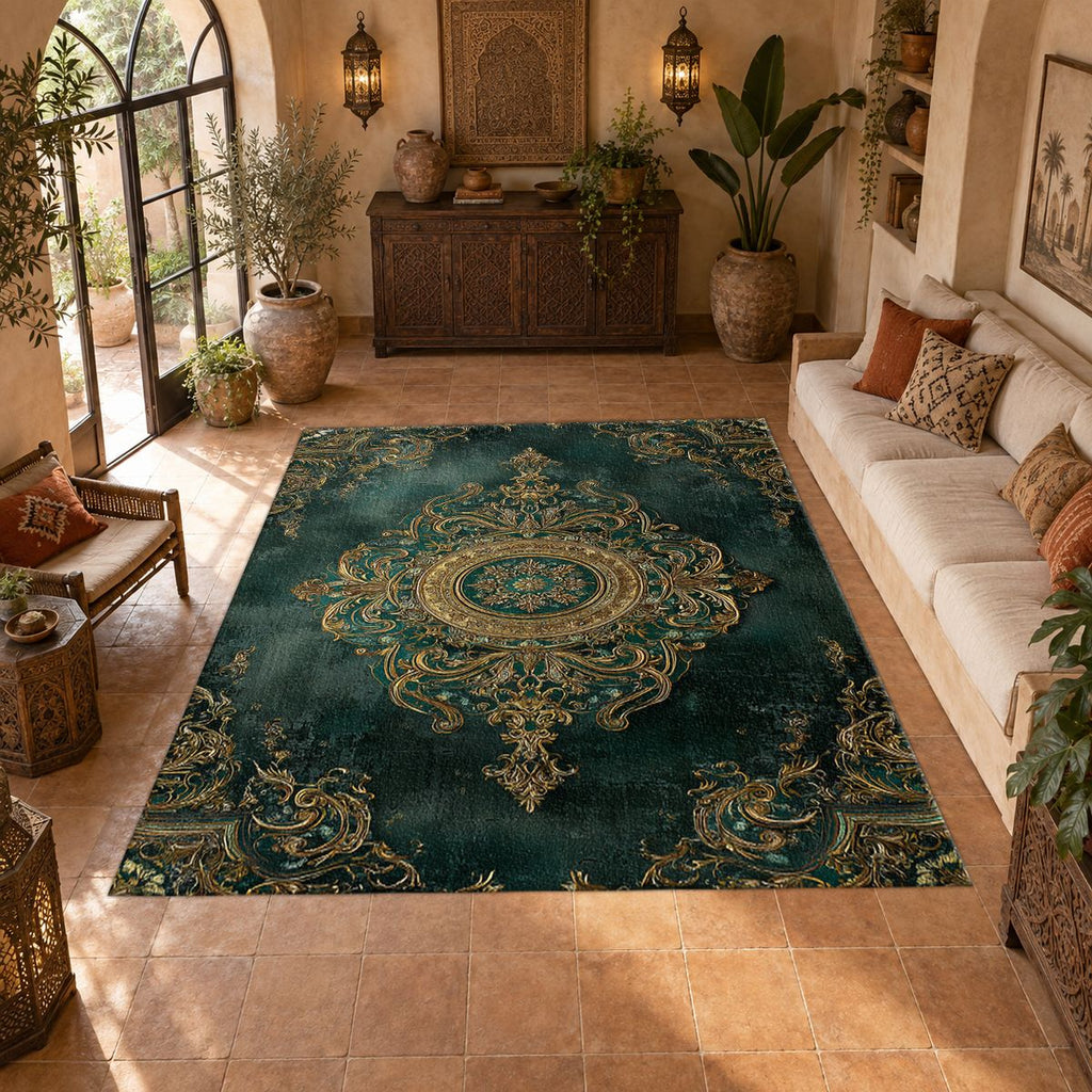 Forest Green and Gold Damask Medallion printed area rug