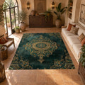 Forest Green and Gold Damask Medallion printed area rug