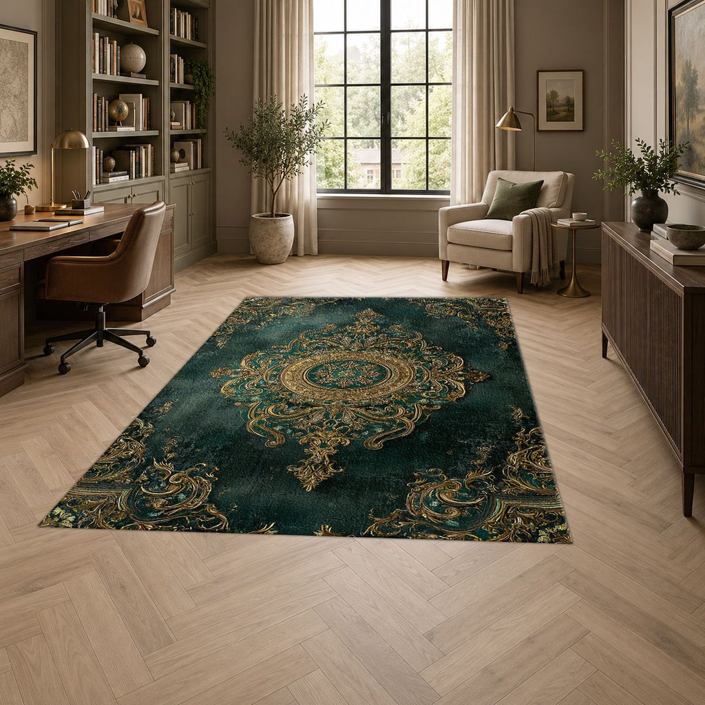 Forest Green and Gold Damask Medallion printed area rug