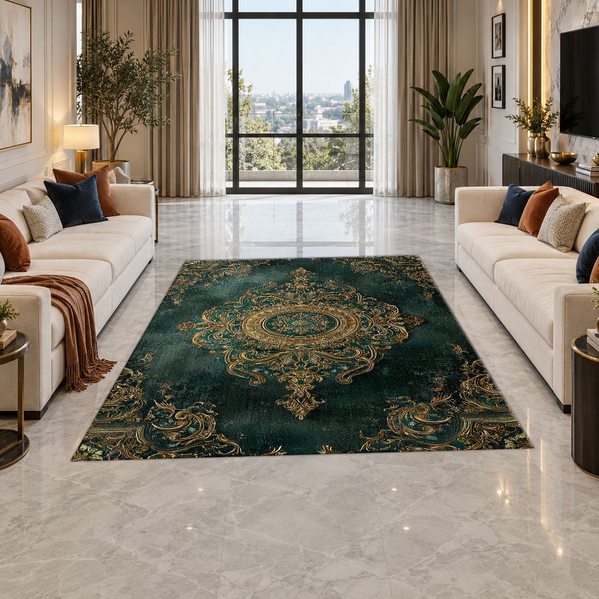 Forest Green and Gold Damask Medallion printed area rug
