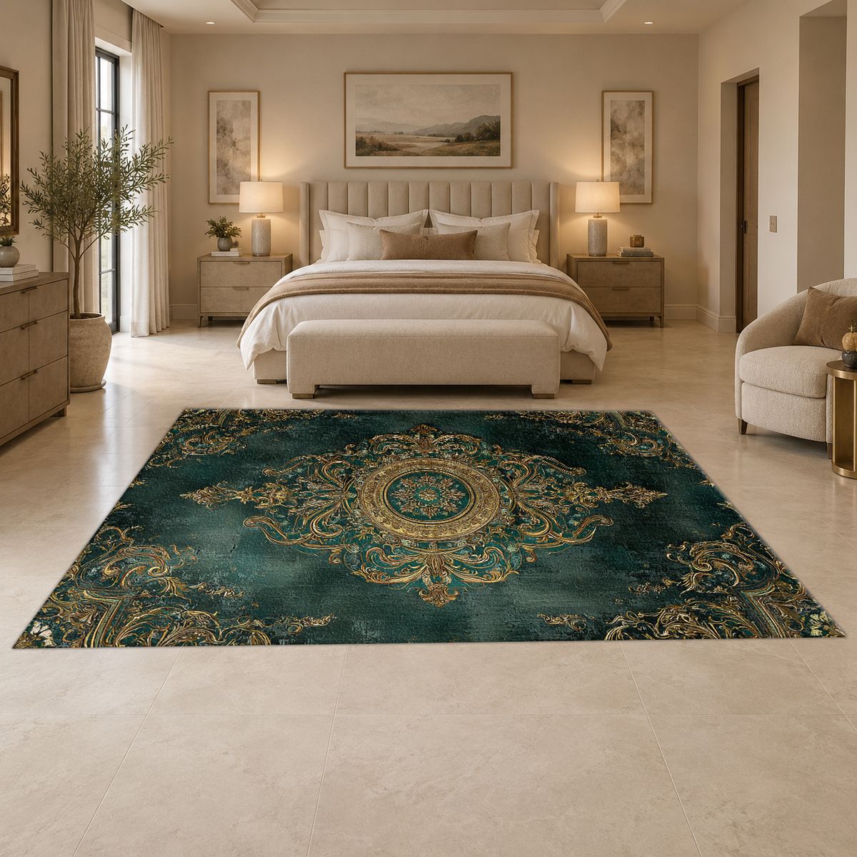 Forest Green and Gold Damask Medallion printed area rug