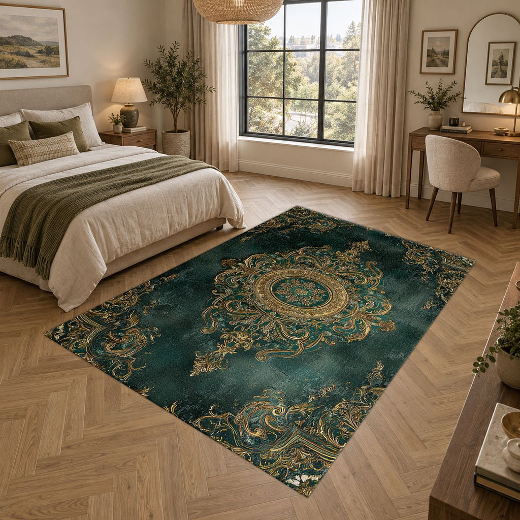 Forest Green and Gold Damask Medallion printed area rug