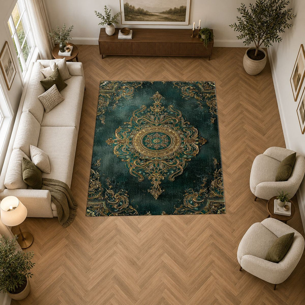 Forest Green and Gold Damask Medallion printed area rug