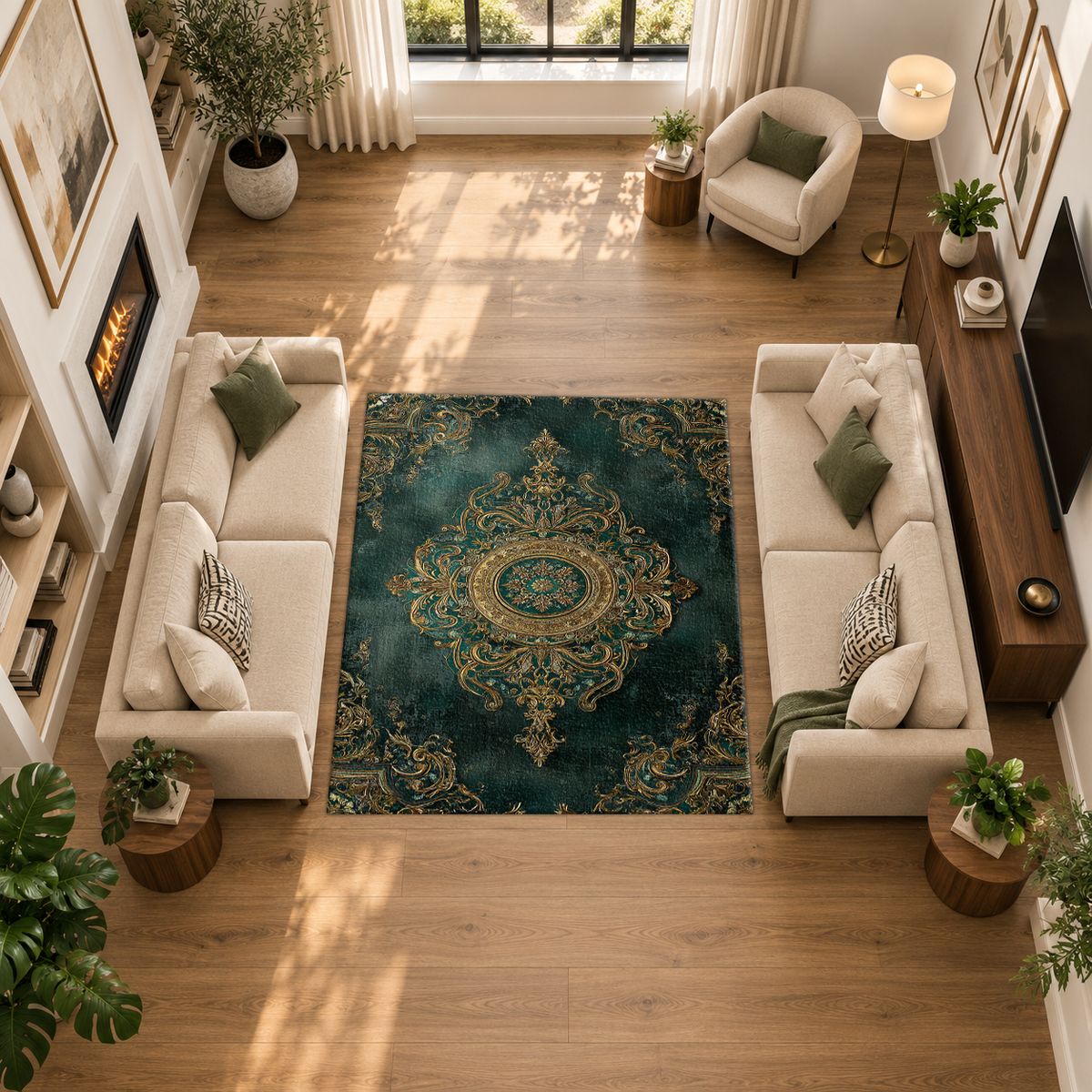 Forest Green and Gold Damask Medallion printed area rug