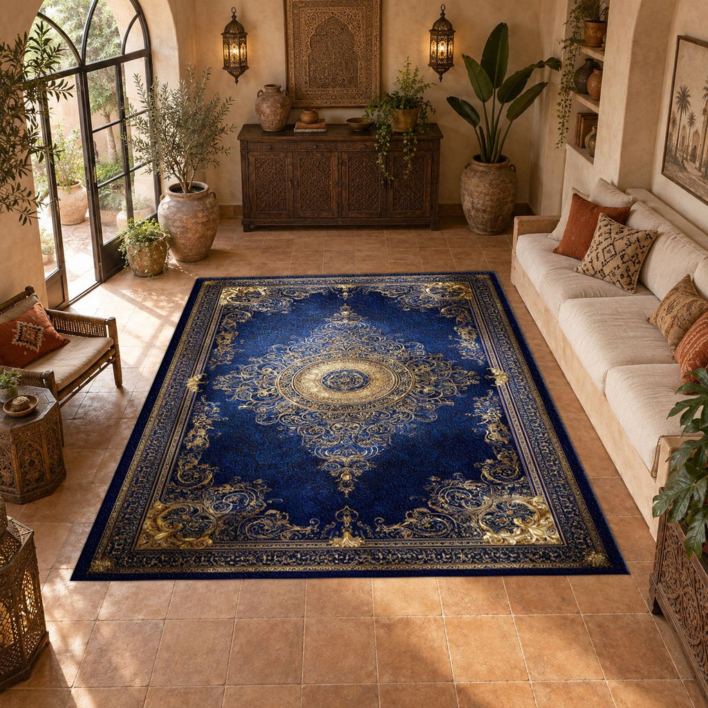 Royal Blue and Gold Luxury Medallion printed area rug