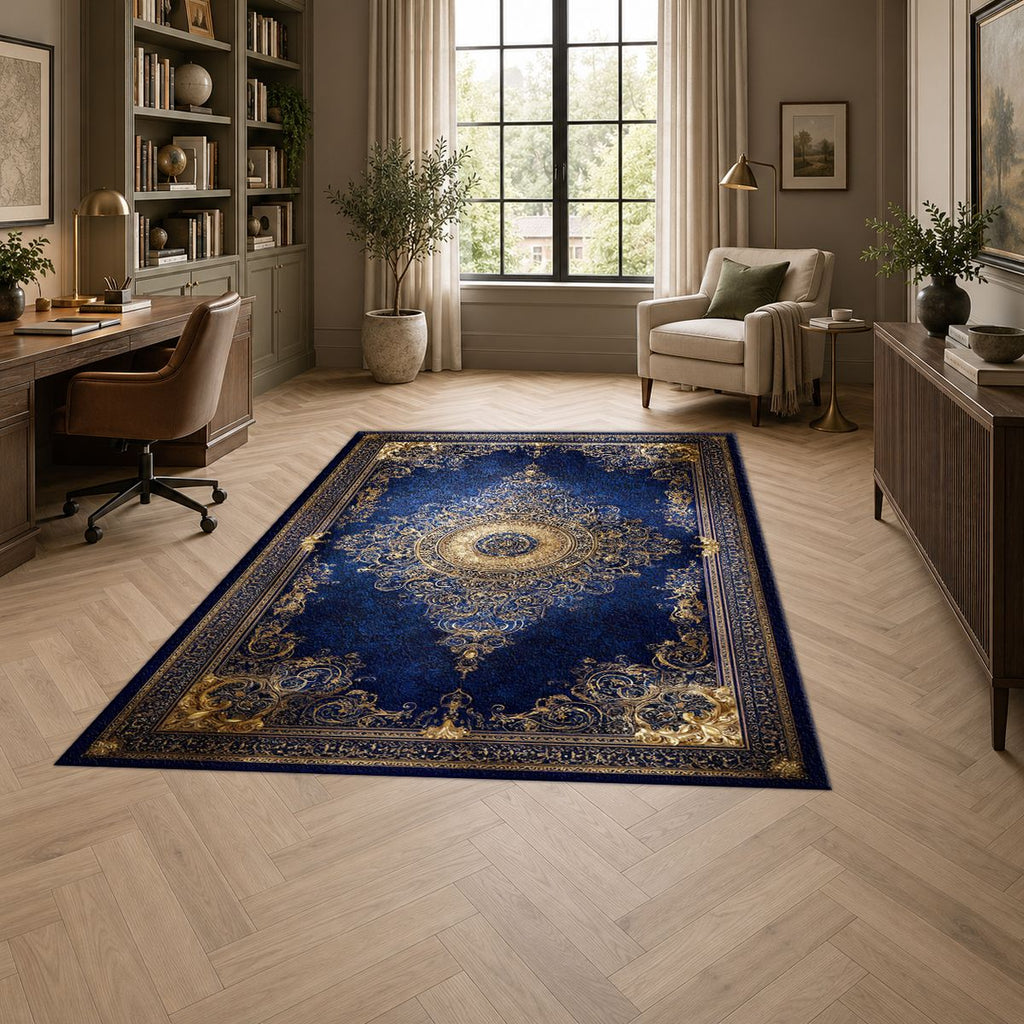 Royal Blue and Gold Luxury Medallion printed area rug