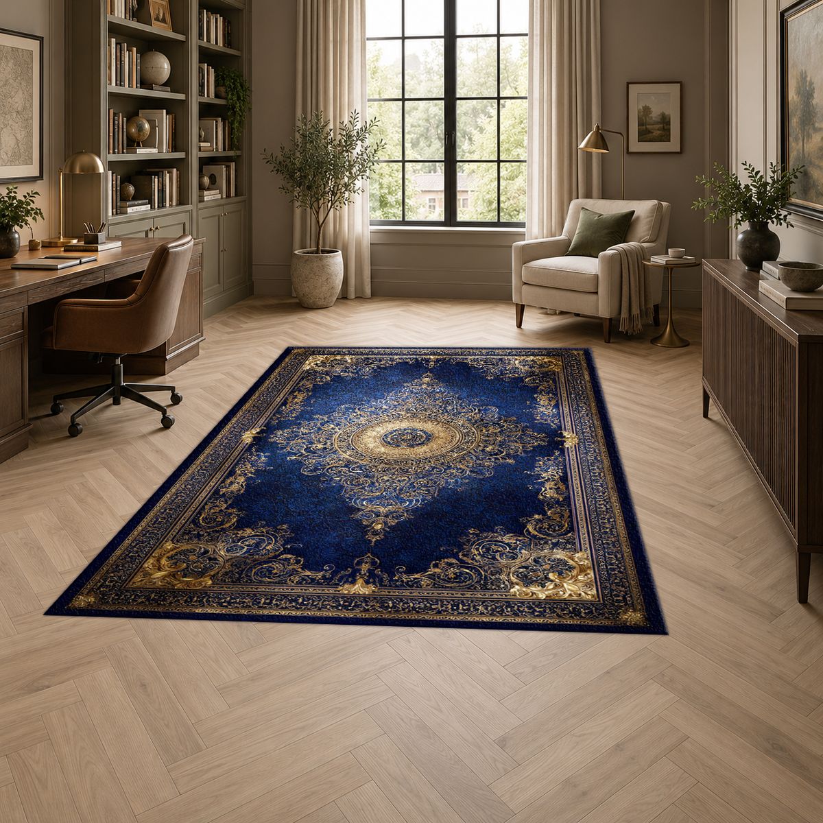 Royal Blue and Gold Luxury Medallion printed area rug