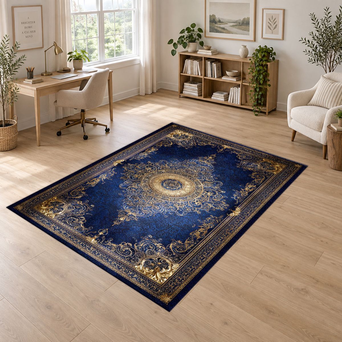 Royal Blue and Gold Luxury Medallion printed area rug
