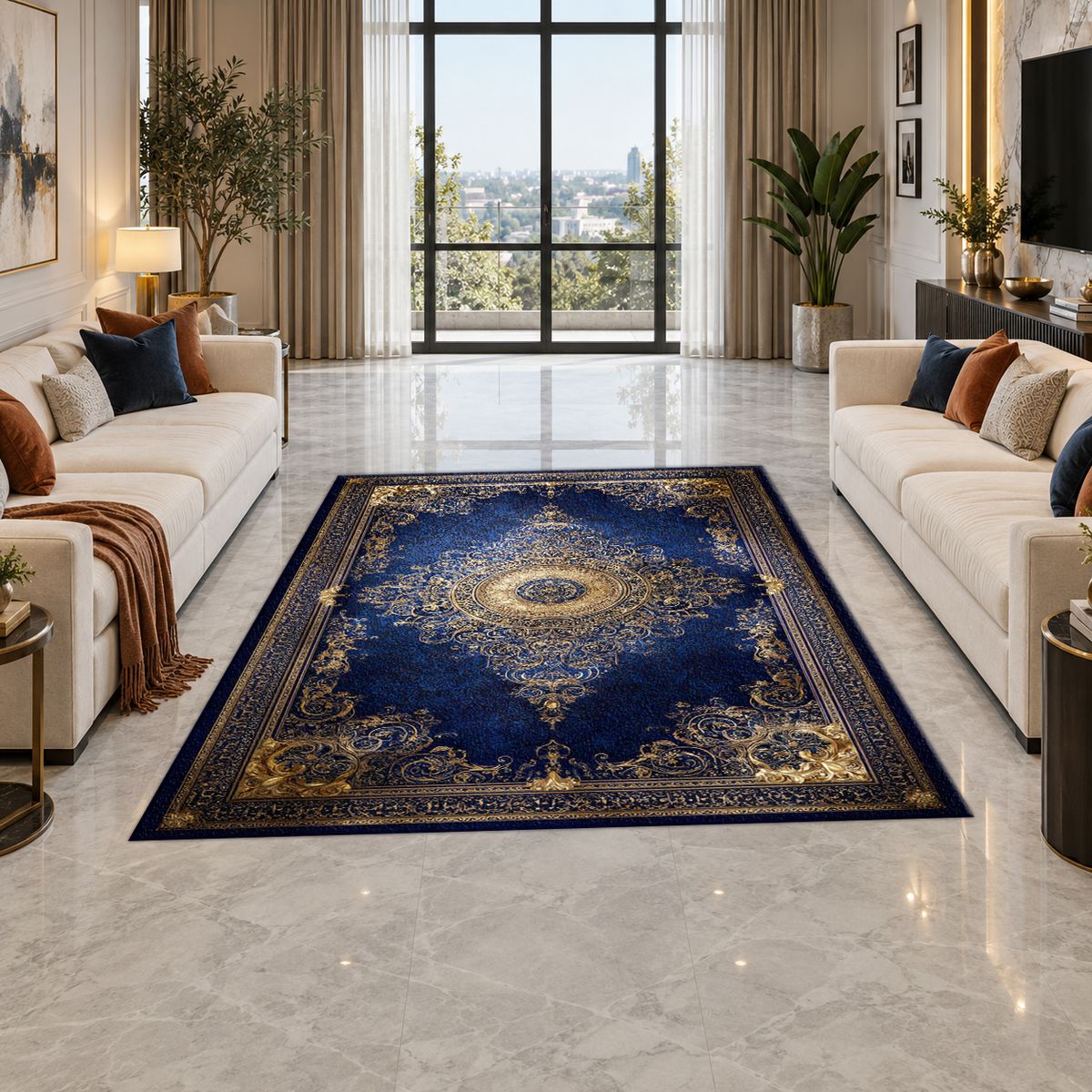 Royal Blue and Gold Luxury Medallion printed area rug