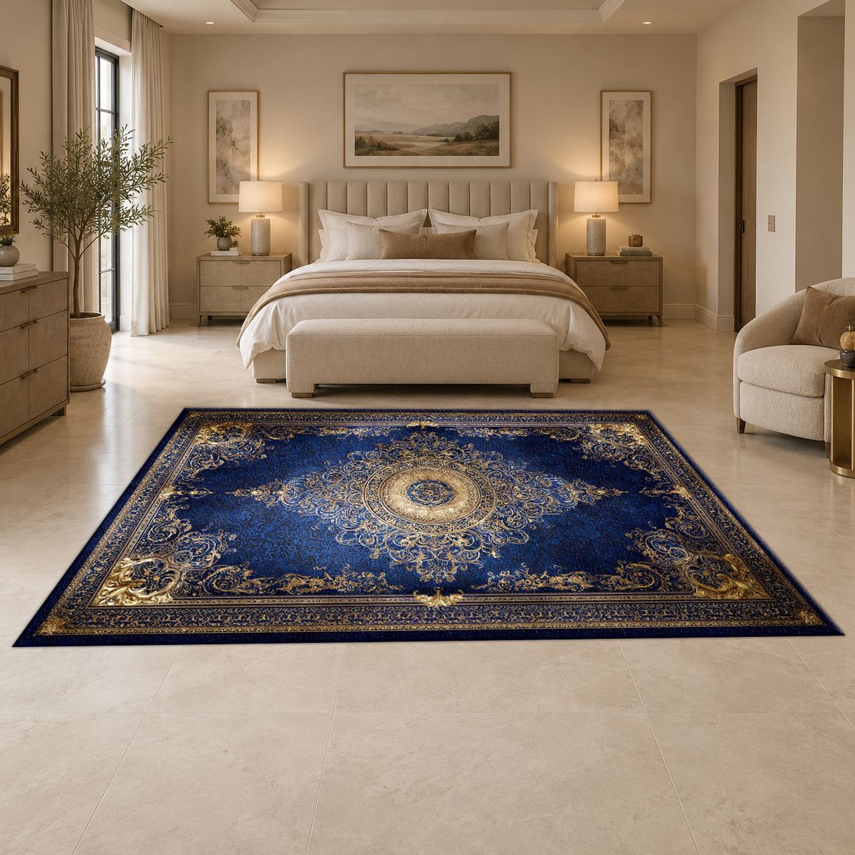 Royal Blue and Gold Luxury Medallion printed area rug