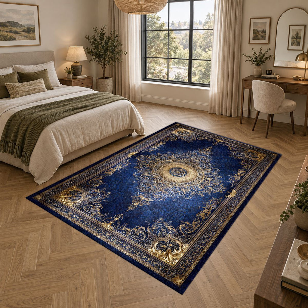 Royal Blue and Gold Luxury Medallion printed area rug
