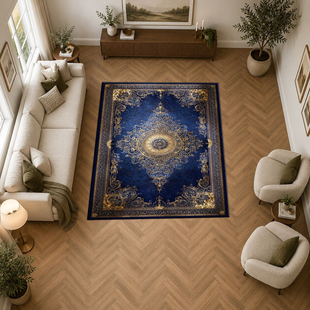 Royal Blue and Gold Luxury Medallion printed area rug