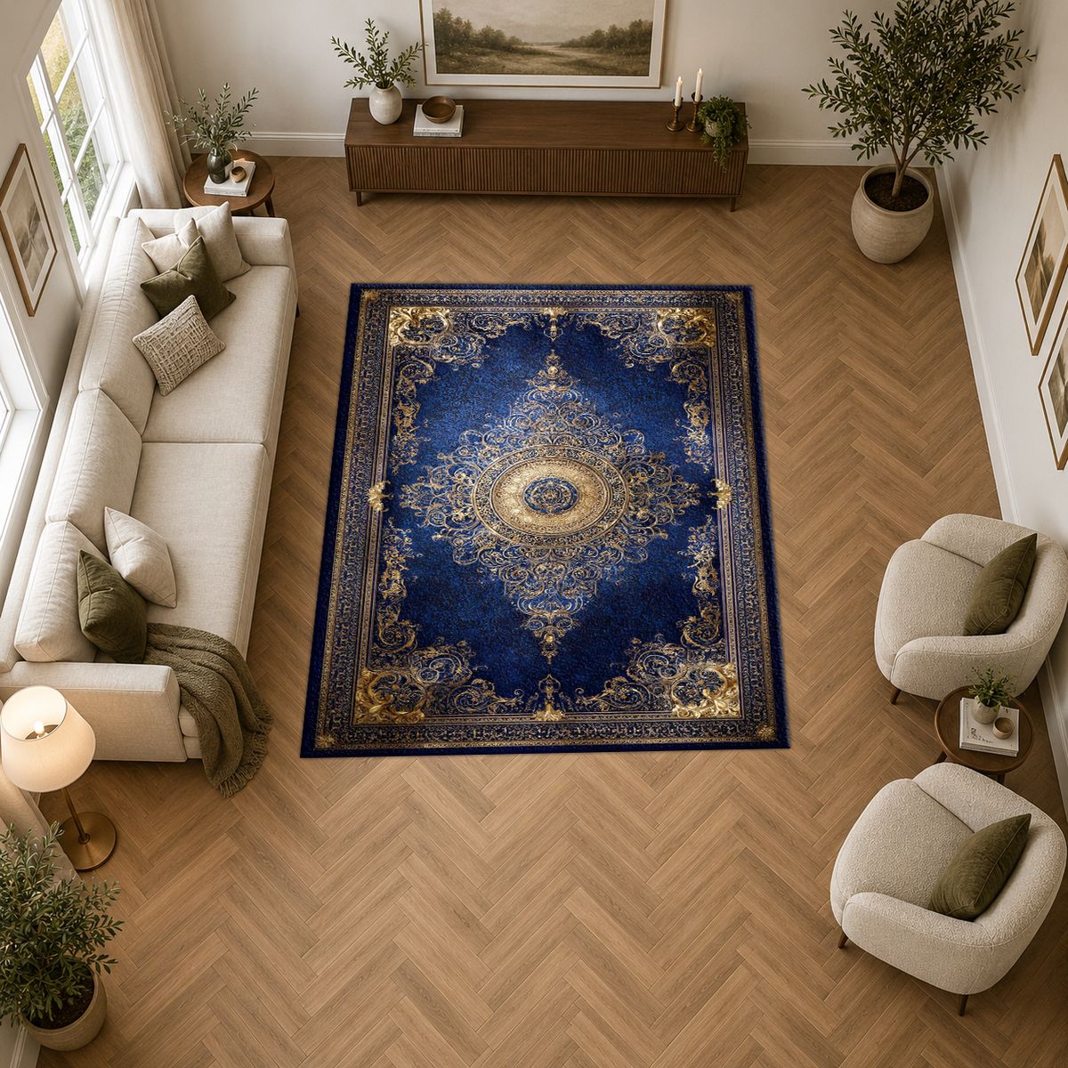 Royal Blue and Gold Luxury Medallion printed area rug