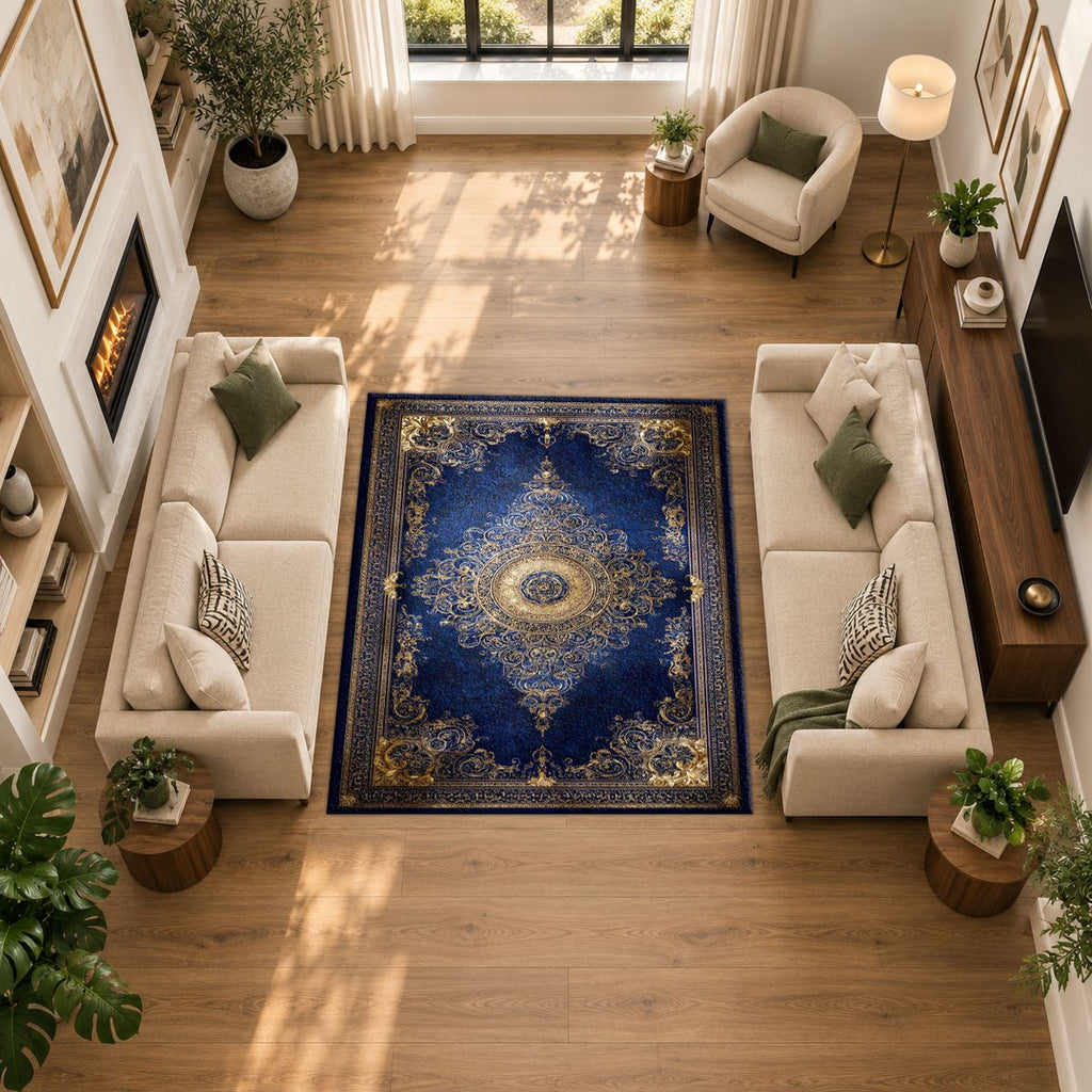Royal Blue and Gold Luxury Medallion printed area rug