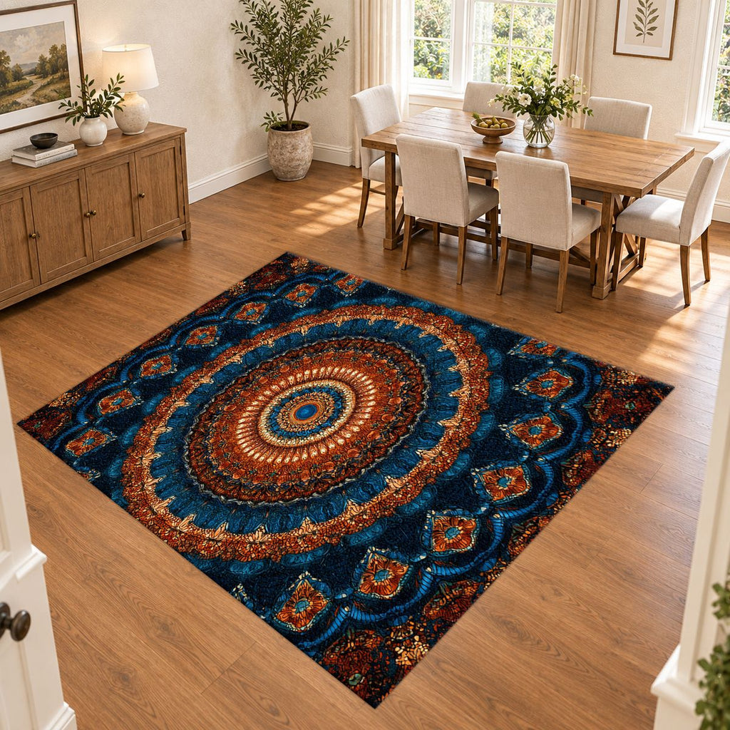 Navy and Orange Boho Mandala printed area rug