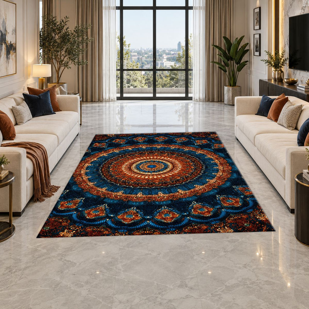 Navy and Orange Boho Mandala printed area rug