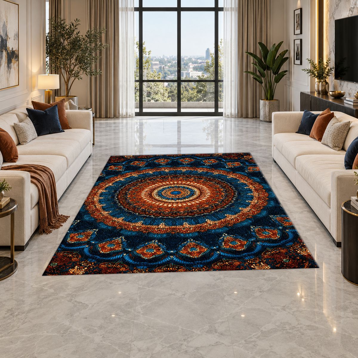 Navy and Orange Boho Mandala printed area rug