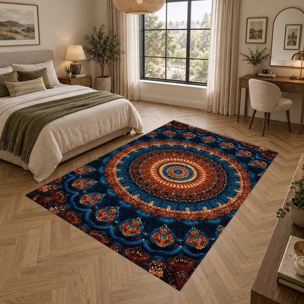 Navy and Orange Boho Mandala printed area rug