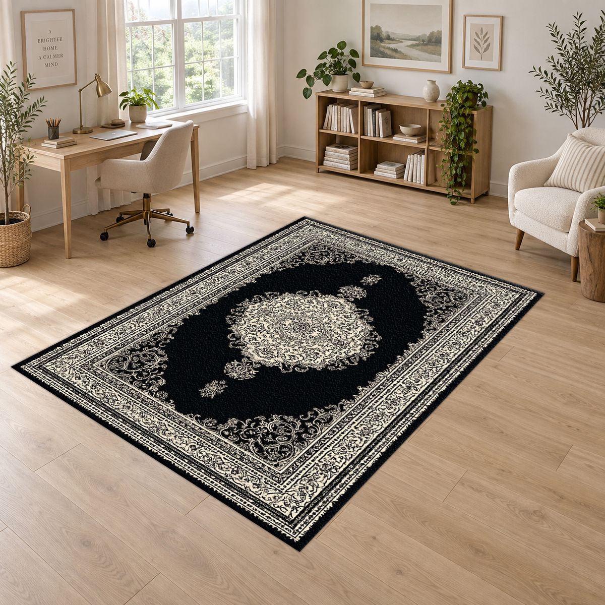 Black and Silver Classic Medallion printed area rug