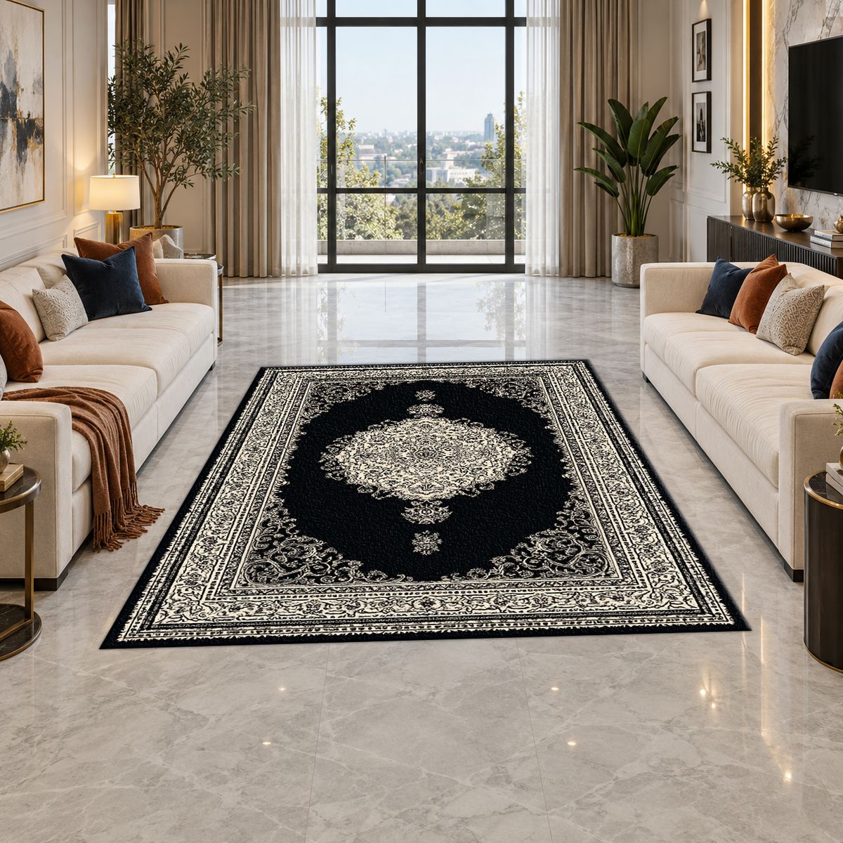 Black and Silver Classic Medallion printed area rug