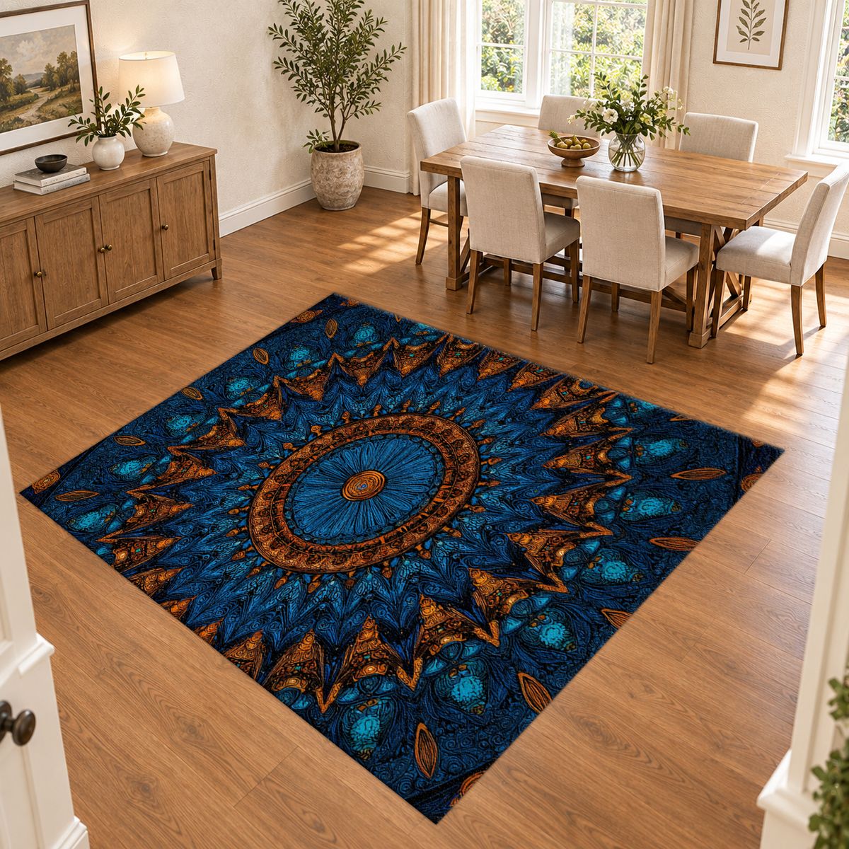 Blue and Copper Starburst Mandala printed area rug
