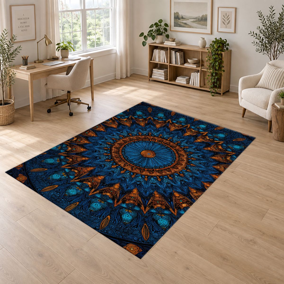 Blue and Copper Starburst Mandala printed area rug