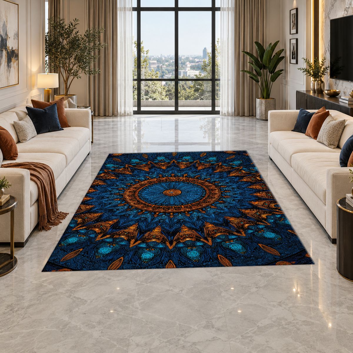 Blue and Copper Starburst Mandala printed area rug