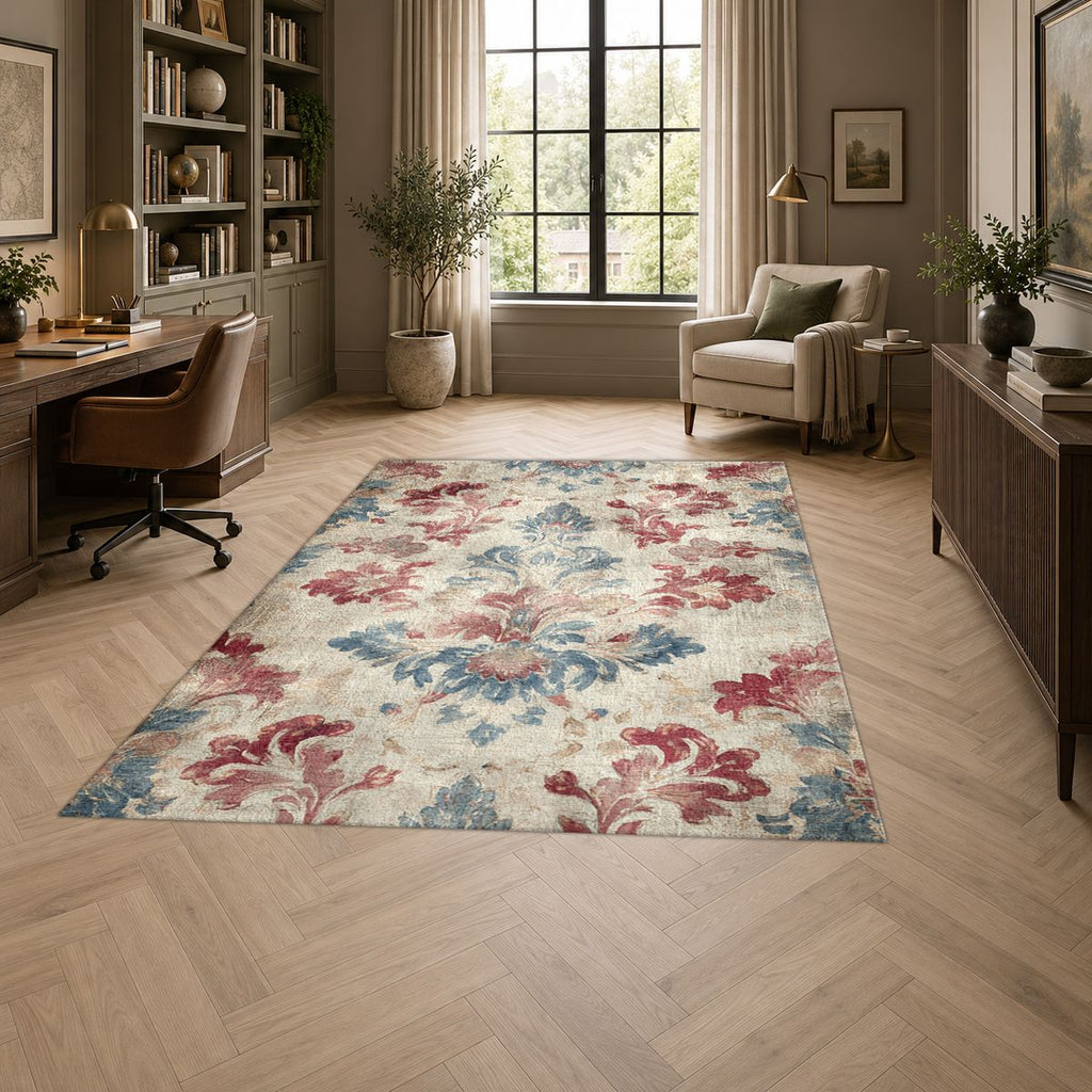 Faded Red and Blue Damask printed area rug