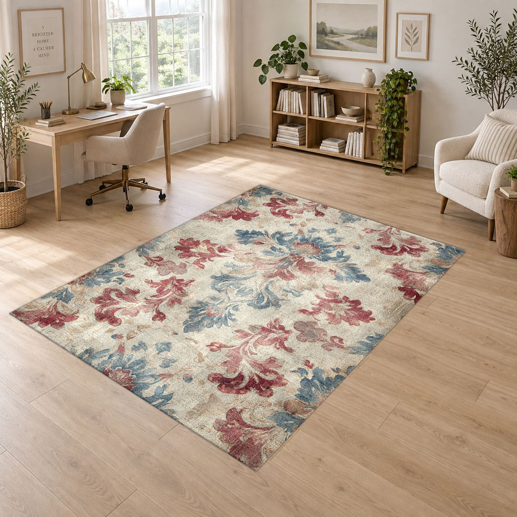 Faded Red and Blue Damask printed area rug
