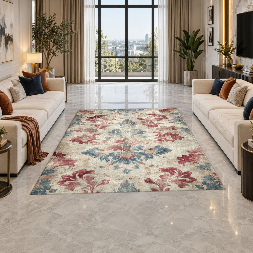 Faded Red and Blue Damask printed area rug