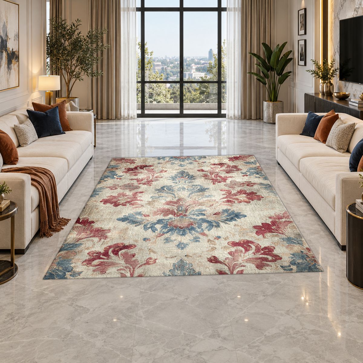 Faded Red and Blue Damask printed area rug