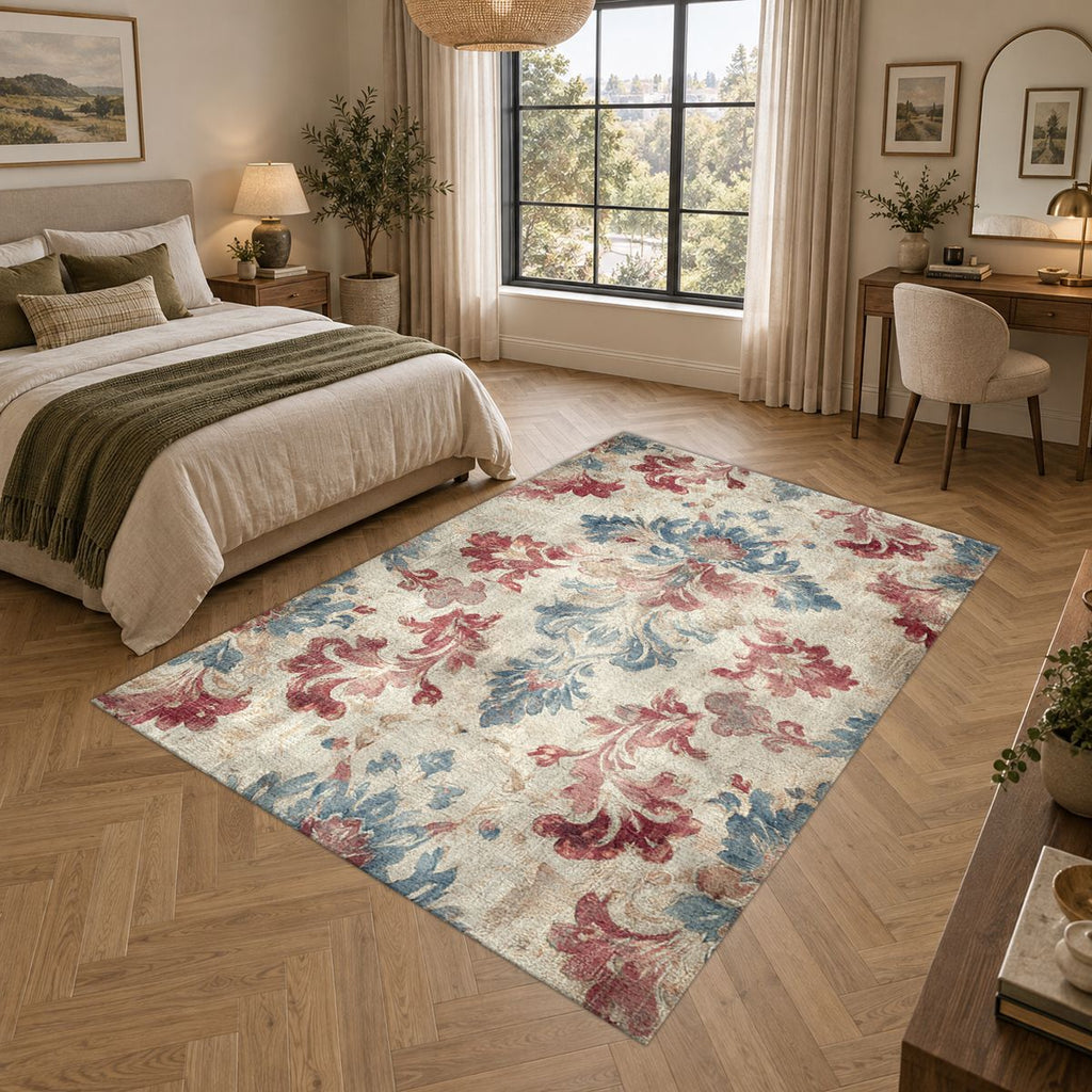 Faded Red and Blue Damask printed area rug