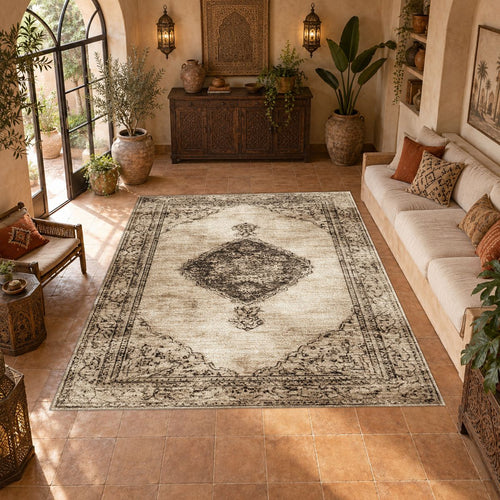 Beige and Brown Faded Vintage Medallion printed area rug