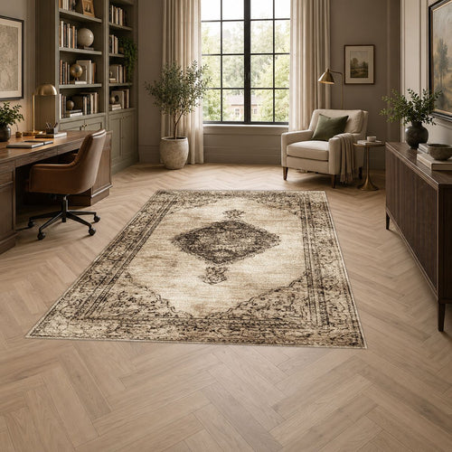 Beige and Brown Faded Vintage Medallion printed area rug